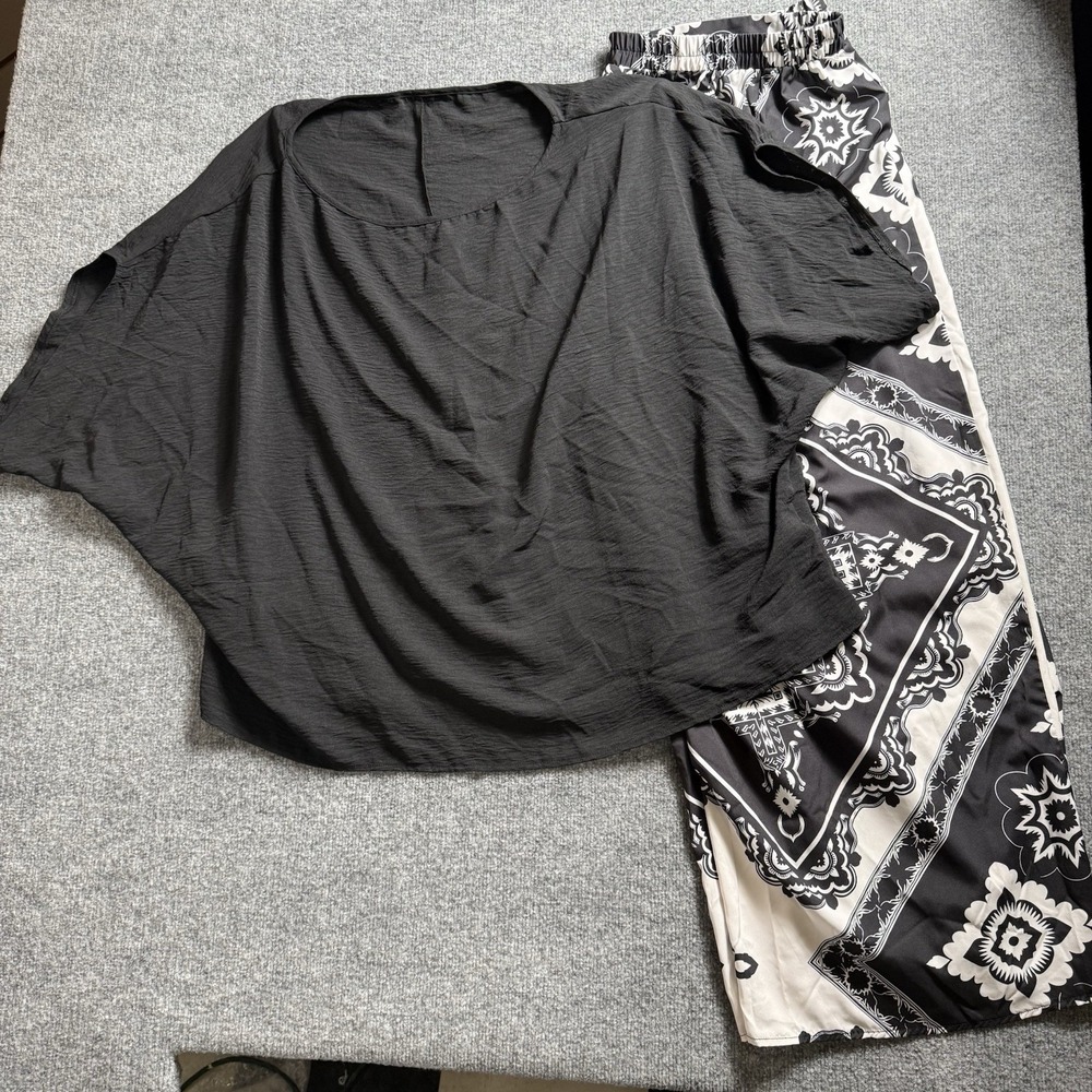 Womens Black Bandana Print 2 Piece Set Loose Batwing Top Wide Leg Pants Casual4X